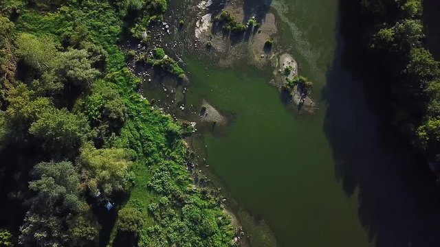 aerial view of river and the islands, forest and river, Very high view of the river forest at sunrise, Aerial view of mystical river and hills