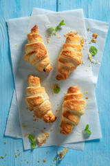 Homemade croissants with sweet and melting chocolate