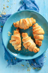 Tasty croissants with sweet and melting chocolate