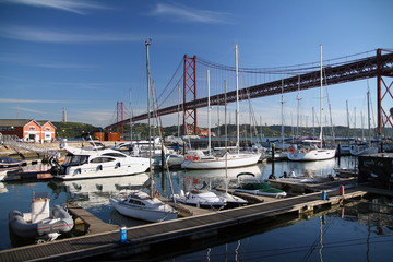 The red bridge and the harbor in Lisbon