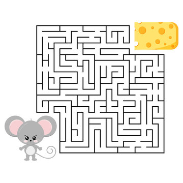 Mouse and cheese maze game for kids education isolated on white background.
