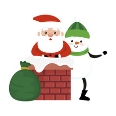 merry christmas santa claus with snowman in chimney vector illustration design