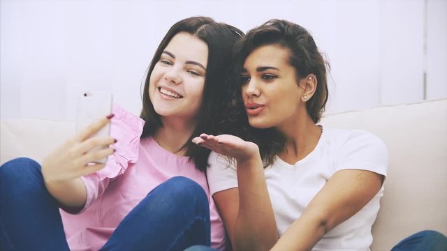 Cute young girlfriends sitting on the sofa, taking selfie, posing, smiling.