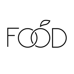 Concepto comida natural. Vegano. Logotipo lineal con palabra food con letra o como manzana en color negro © teracreonte