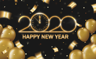 Happy new year golden shiny 2020 with clock in inside number zero. Concept 2020 new year with balloons, confetti and serpentine on black background