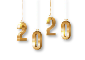 2020 new year golden shiny luxury 3d isometric numbers hanging by string with shadows on white background 