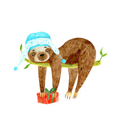 Watercolor cute cartoon sloth graphic design for Christmas holiday. Merry Christmas print. Adorable hand drawn tropical animals baby sloth character hanging on the tree in Santa Claus hat and present