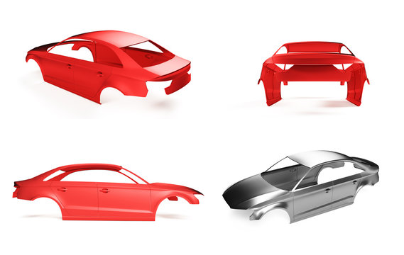 Side view Carcass af a sedan car on white. 3D illustration