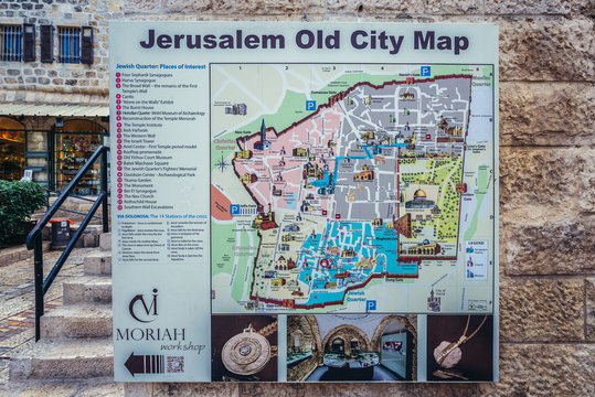 Jerusalem, Israel - October 22, 2015. Tourist map of Old Town of Jerusalem city