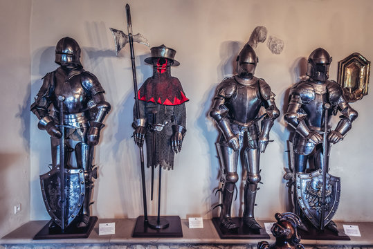 Bobolice, Poland - July 2, 2017: Knights armours in renovated castle in Bobolice village, one of the chain of 25 medieval castles called Eagles Nests Trail