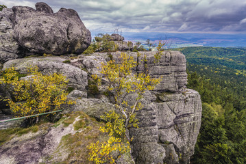 View from one of rock terraces of Szczeliniec Wielki massif in Table Mountains National Park,...