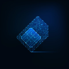 Futuristic glowing low polygonal sim card made of lines, light particles on dark blue background. - obrazy, fototapety, plakaty