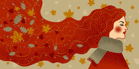 Woman in scarf and flying hair with leaves. Autumn vector illustration.