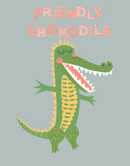Cute alligator. Cartoon creative crocodile illustration in scandinavian style. print