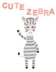 Fototapeta na wymiar Cute hand drawn zebra in black and white style. Cartoon illustration in scandinavian style