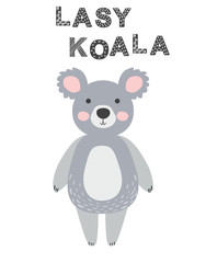 Nursery poster with cute animal. Black and white koala. Scandinavian style
