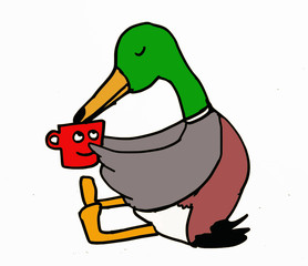 a duck drinking coffee