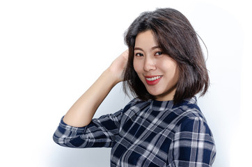 Business woman with folded hands looking to side. isolated female portrait.