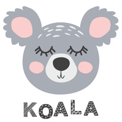 Nursery poster with cute animal. Black and white koala. Scandinavian style