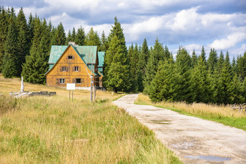 Houses at the forest path in Jizera Mountains