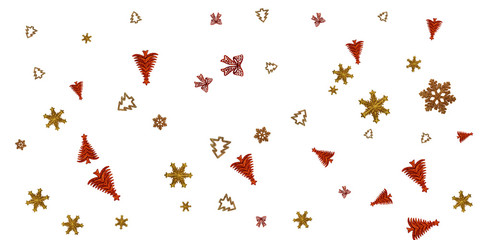 Xmas Pattern isolated on white. 2020New year background with gold Christmas decorations. Flat lay design. Copy Space
