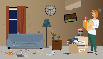 Young woman moving into a rental apartment, finding it dirty, EPS 8 vector illustration - obrazy, fototapety, plakaty