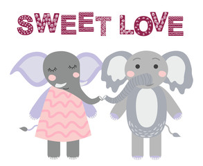 Sweet love. A pair of Scandinavian elephants, children's print, poster, design