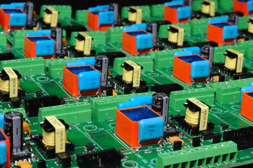 Many green PCB microcircuit board