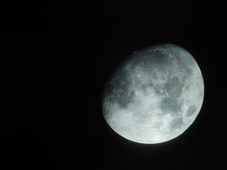 a bright three-quarter moon stands in the night sky