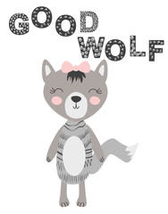 Cute hand drawn with ink wolf hero. Cartoon illustration in scandinavian style