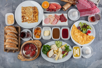 Traditional Turkish Breakfast Table (Serpme Kahvalti). Turkish style breakfast.