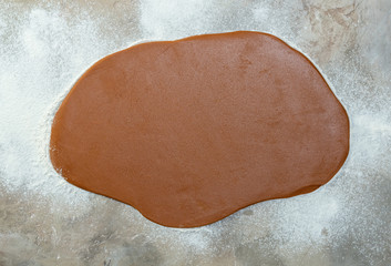 The process of making cookies and gingerbread at home. Rolled dough from above.Homemade bakery making