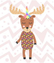 Hand drawnillustration of a cute funny moose with a unicorn horn. Scandinavian style flat design. Concept for children print.