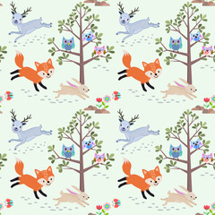 Cute animal in forest seamless pattern.