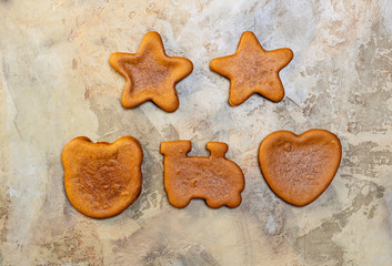 Homemade gingerbread christmas cookies, top view
