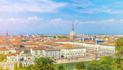 Aerial top panoramic view of Turin city center skyline with Piazza Vittorio Veneto square, Po river...