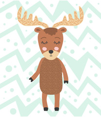 Cute moose flat. Forest fauna. Zoo mammal. Elk clipart. Postcard, kids book design element