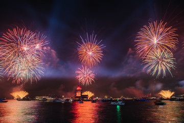 29 October 2019: Turkey Republic Anniversary, fireworks at Salacak Uskudar Istanbu