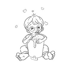 kleiner Junge sitzt barfuß mit riesig großer Packung Eis umarmt. Mit der Zunge schleckt er den verschmierten Mund. Ein großer Löffel Eis zum Essen bereit. Er liebt Eiskreme. Kleine Herzchen am Kopf