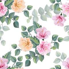 Hibiscus flower and Tropical leaves seamless pattern vector illustration