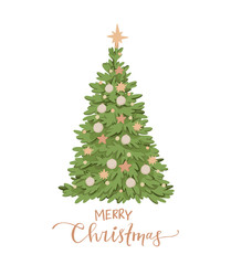 Vector illustration with christmas tree and decorations. Happy new year. Winter pre made card with lettering. Noel. Holly Jolly. Holiday postcard. Perfect for cards, invitations, banners, posters