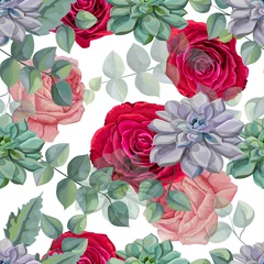 Fotobehang Roses , Succulents  and Tropical leaves seamless pattern vector illustration © umsure