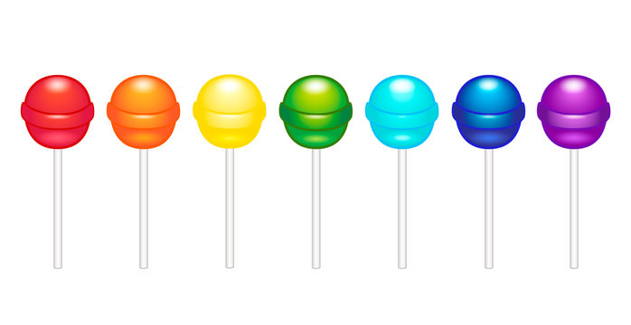 Lollipops, caramel on a stick. A set of bright shiny lollipops of all colors of the rainbow: red, orange, yellow, green, turquoise, blue and purple. Colorful candies - sweet rainbow - vector