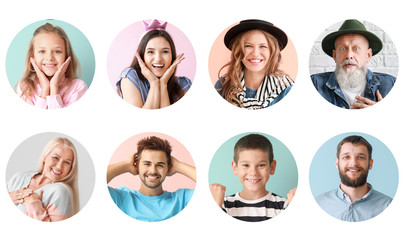 Collage with different happy people on white background