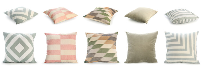 Set with different pillows on white background