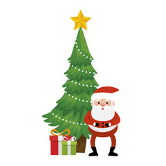 pine tree christmas with gift boxes and santa claus vector illustration design