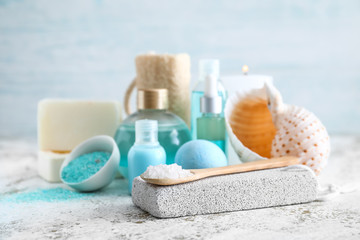 Set of spa supplies on white background