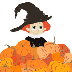 Cute girl with red hair in big witch hat with pumpkins. Child cartoon character. Autumn harvest or Halloween vector. Colorful hand drawn flat illustration isolated on white background