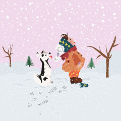 Cute girl catching snowflakes with her tongue. Little girl and her dog in winter park in snowfall. Flat cartoon style. Colorful vector illustration for new year, christmas poster, banner, card, cover.