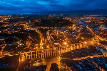 Segovia Roman Aqueduct aerial view at night